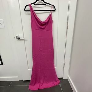 Pink Nicole Miller asymmetrical strap floor length gown